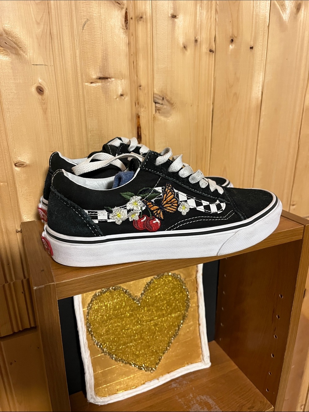 Vans Kids Black Checkerboard Sneakers with Cherry & Butterfly Embroidery